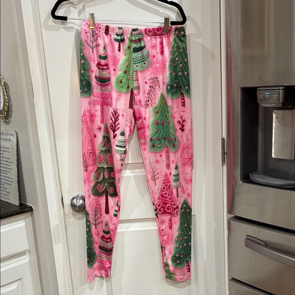 Festive Pink and Green Christmas Tree Leggings